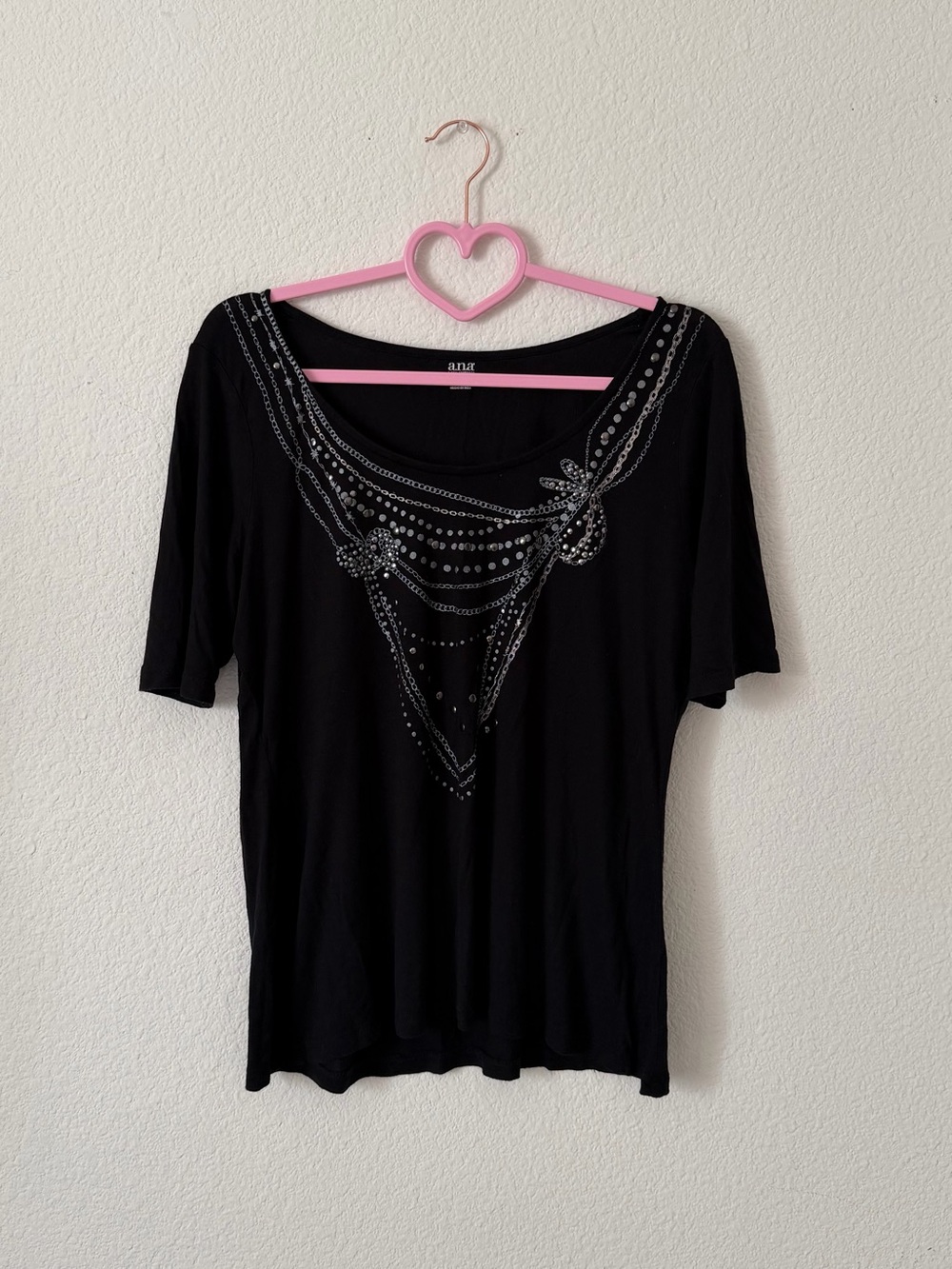a.n.a Black Short-Sleeve Scoop Neck Top with Silver Embellished Front
